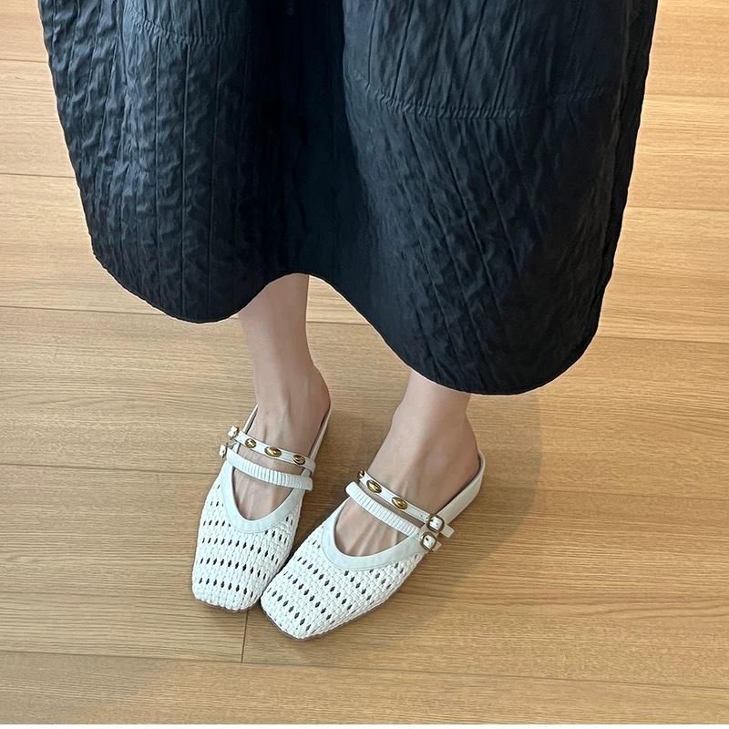Spot model~ French retro inner height increase 5cm bag head half slippers women's outer wear temperament woven hollow Muller sandals