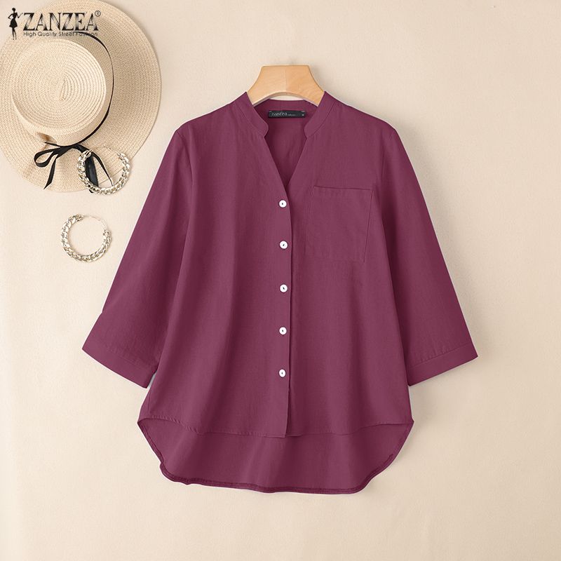 ZANZEA Women Casual V-Neck Solid Color Loose 3/4 Sleeve Cotton Blouse