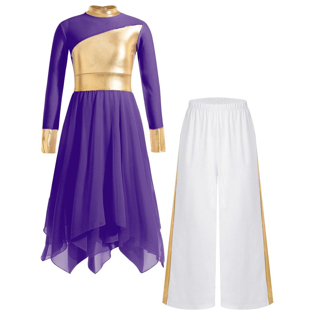 Mädchen Liturgisches Tanzoutfit Langarm Colorblock Metallic Lyrisches Kleid Weitbeiniges Hosen-Set
