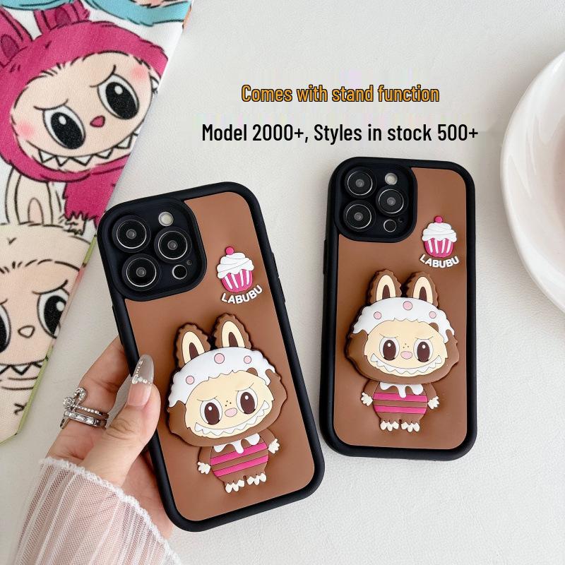 

3D Embossed Cartoon Silicone Phone Case with Stand for Apple 15 Pro Max 14 Pro Max шоколадный