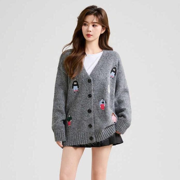 Dimanaf Winter 2025 Autumn Cardigan Embroidery Women Buttons Sweaters Knitting Fashion Loose Sweater
