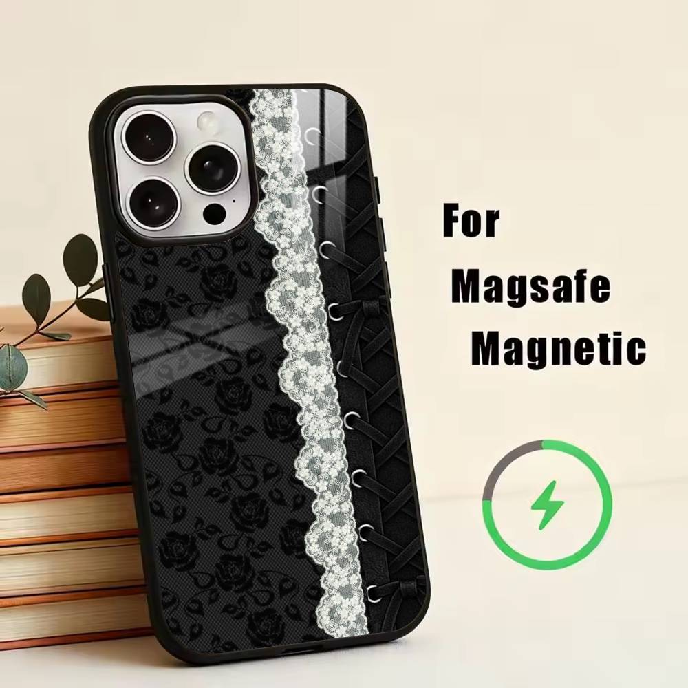 Elegant black lace print design Phone Case For iPhone17,16,15,14,13,12,11 Plus,Pro Magnetic For Magsafe Wireless Charging