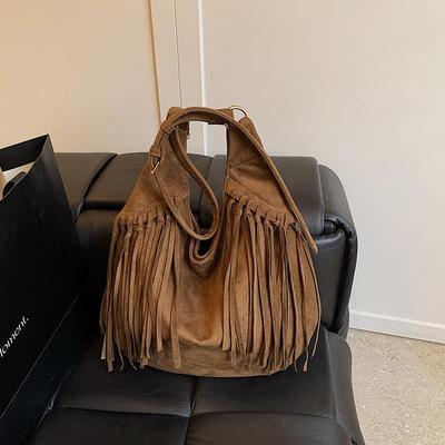 Große Kapazität Mattierte Quaste Schultertasche Wildlederimitat Fransen Achseltasche Reise Tragetasche Handtasche Damen Einkaufstasche KTY