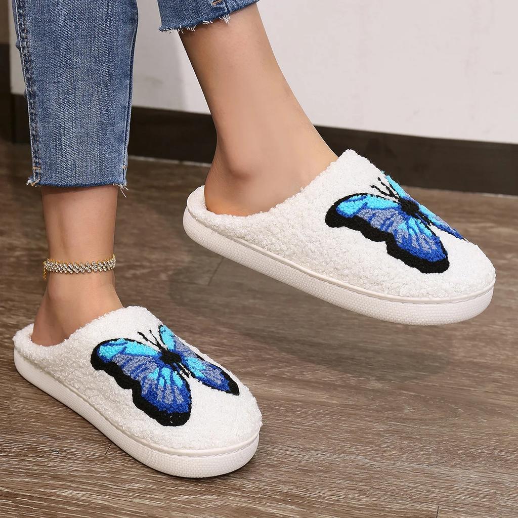 Cartoon Butterfly Print Home Slippers Women Winter Plush Warm Soft Sole Cotton Shoes Woman Comfort Non Slip Flat Indoor Slippers