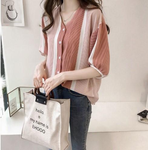 1116 Summer New Women's Clothing Fashion Color Matching Striped Shirt Women's Loose and Thin Bat Sleeve Top Korean Version