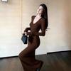 Women's 2026 Hepburn Style Brown V-neck Slim-Fit Knit Bodycon Dress