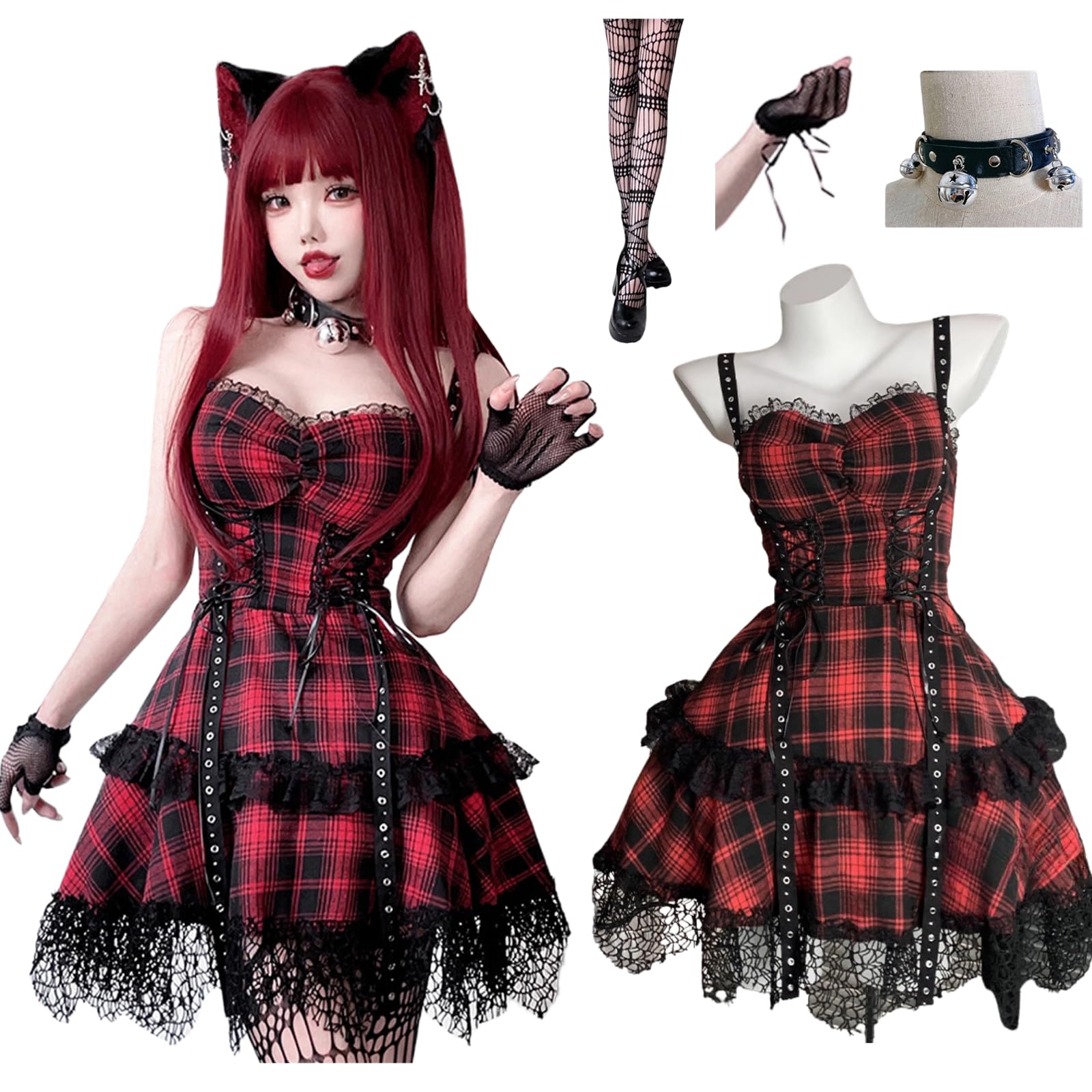 

Платье для косплея на Хэллоуин на молнии, панк, красно-черное [Milky Time], узор, стиль, кружево, (Кружево)