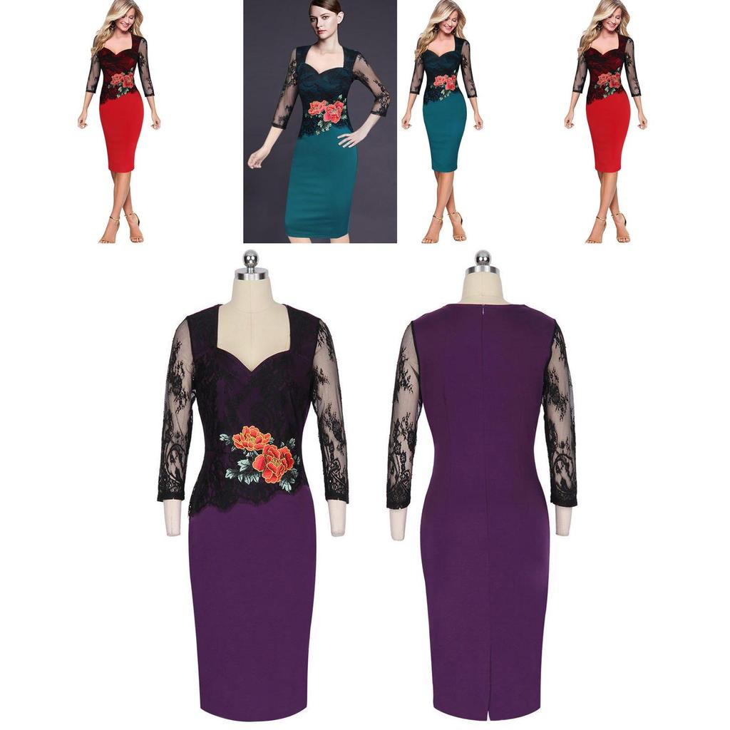 Office Women Sexy V-neck Lace Embroidered Floral Cocktail Evening Party Dress In Premium Quality Fabric