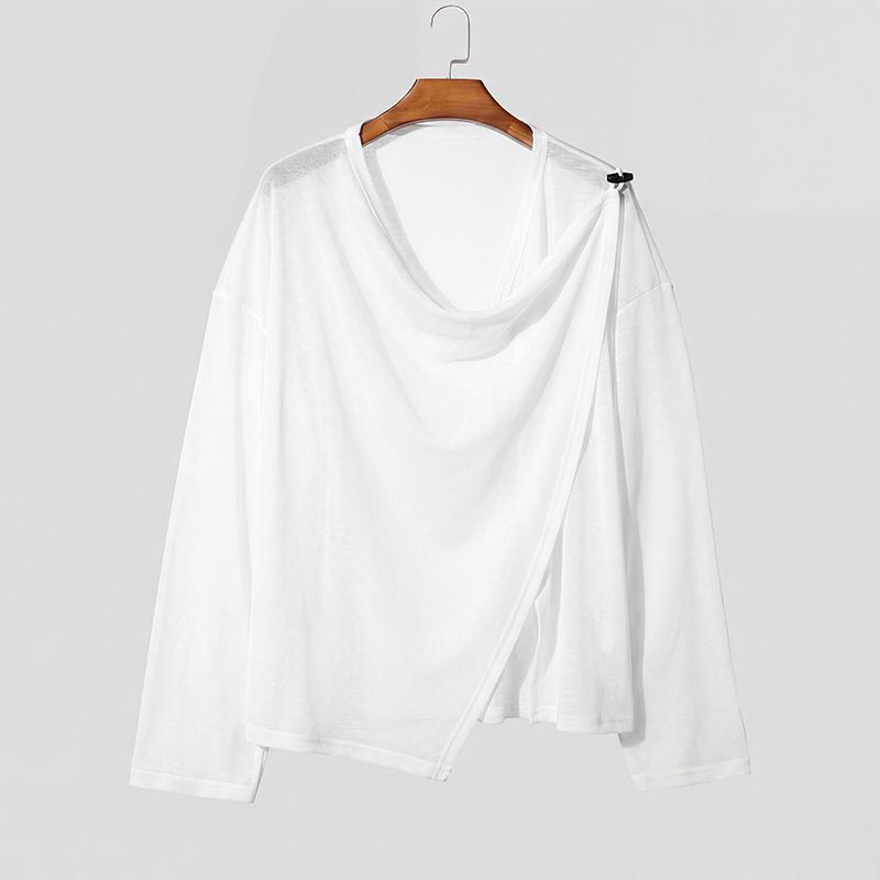 INCERUN Herren Langarm Unregelmäßiger Saum Rollkragen Durchsichtige T-Shirts Transparente Oberteile