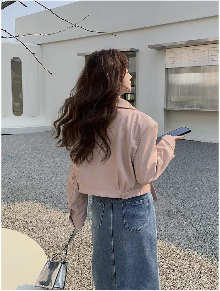 2024 Women's Pink Leather Motorcycle Jacket: Korean-Style, Trendy Short Street Fashion