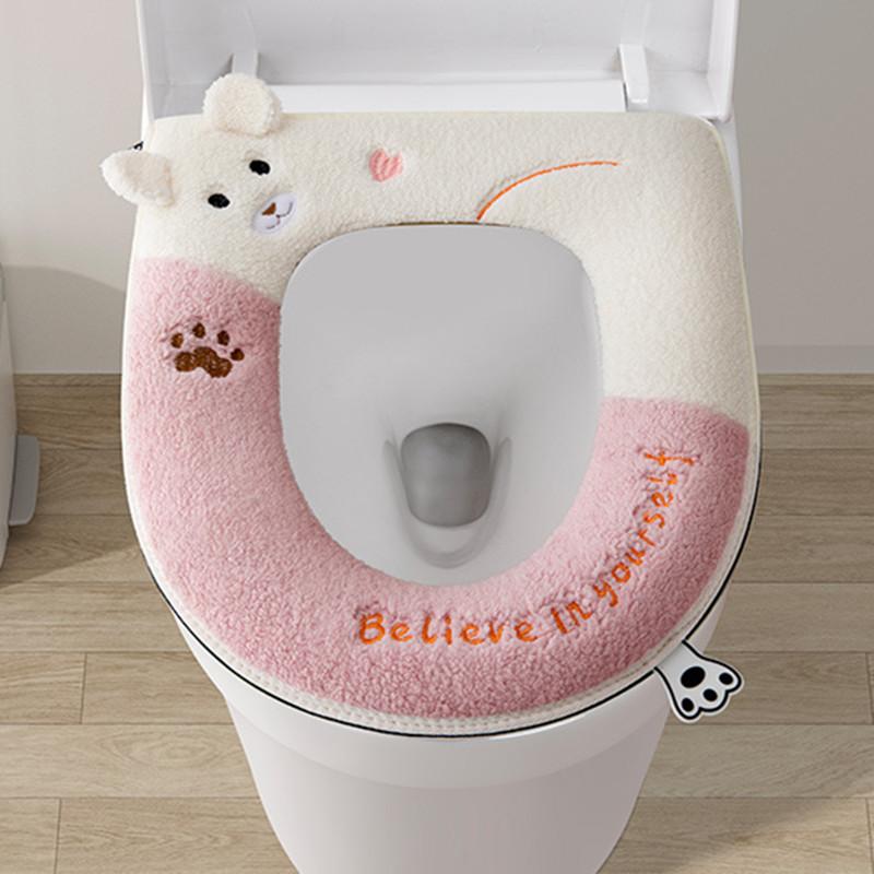 1 Pc Cat Contrast Color Design with Handle Zipper Cushion Winter Warm Toilet Seat Cover