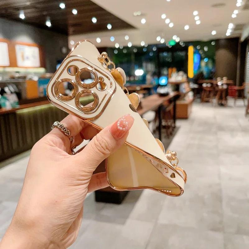 Luxury Soft Love Heart Bracelet Phone Case For iPhone 11 12 13 14 15 Pro Max XS X XR 7 8 Plus SE 2020 2022 Lint Bumper Cover