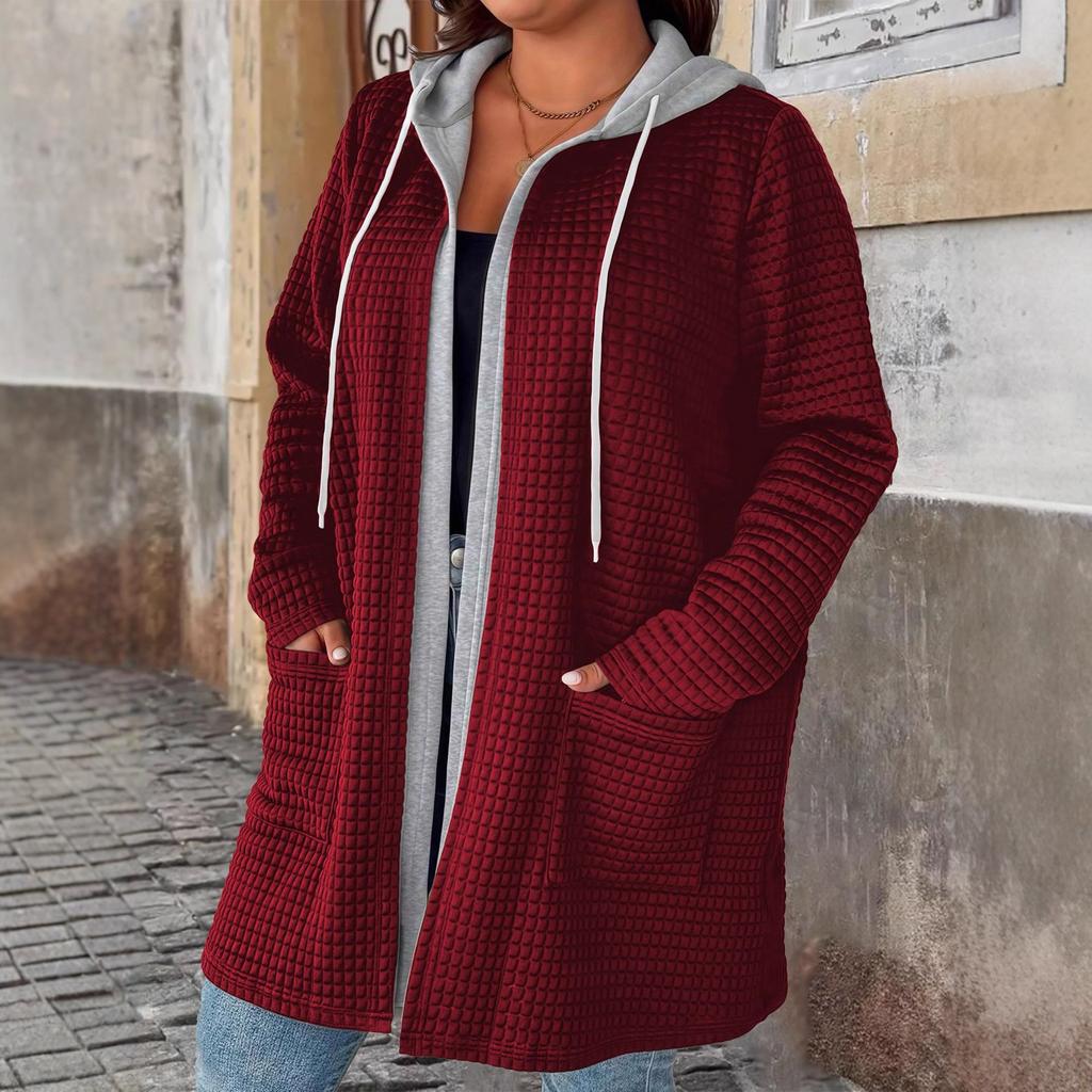 Plus Size Fake Two-Piece Hooded Cardigan with Pockets & Drawstring Long Chic Fall/Winter Women's Coat