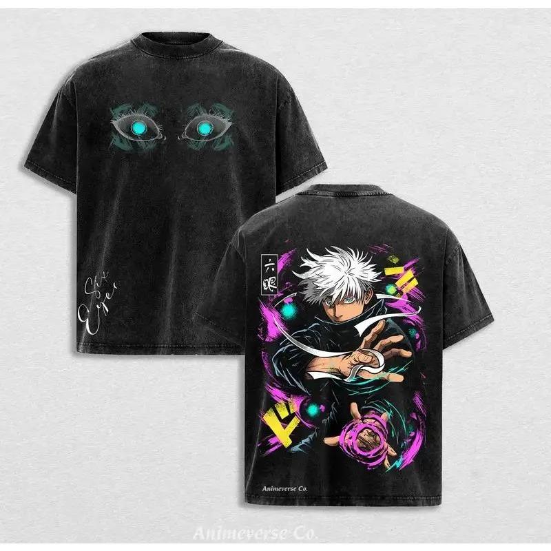 

Футболка с принтом Годжо Сатору Jujutsu Kaisen Аниме Одежда Мужская Женская Хлопковые Футболки Винтажная Выстиранная Футболка Харадзюку Оверсайз Футболка S чёрный