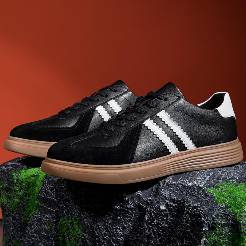 Men'S Beige Black Striped Retro Sneakers Leather Suede Casual Platform Skate Shoes Non-Slip Comfortable Trainers