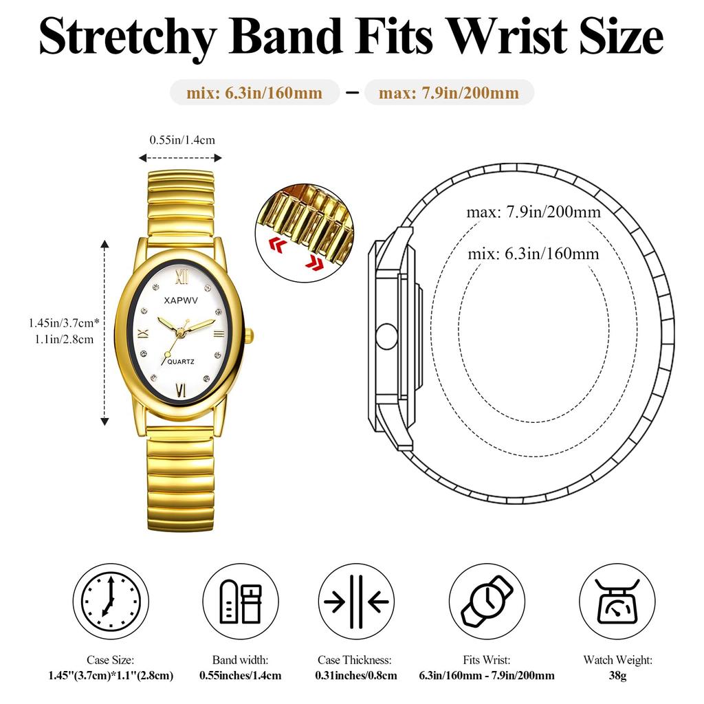 Women's Gold Watch with Accordion Strap, Waterproof: Stylish Analog Display, One Size Fits Most, Stainless Steel Strap, Quartz Watch, Fashion