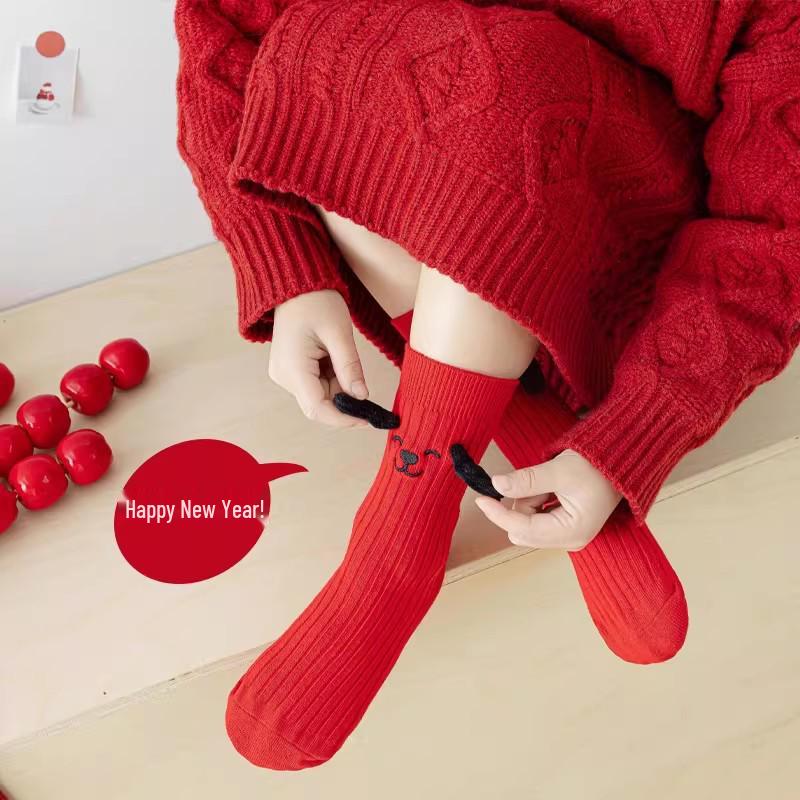 Girls' Korean Style Mid-Calf New Year Cotton Socks - Red with Hand-Holding Card Design