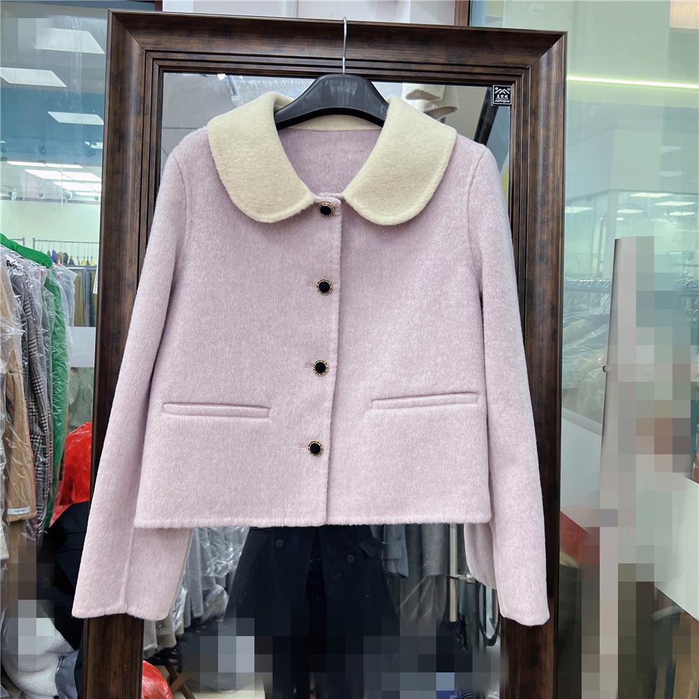 2023 Petite Women's Korean Style Double-Sided Cashmere Wool Coat with Color Block Collar