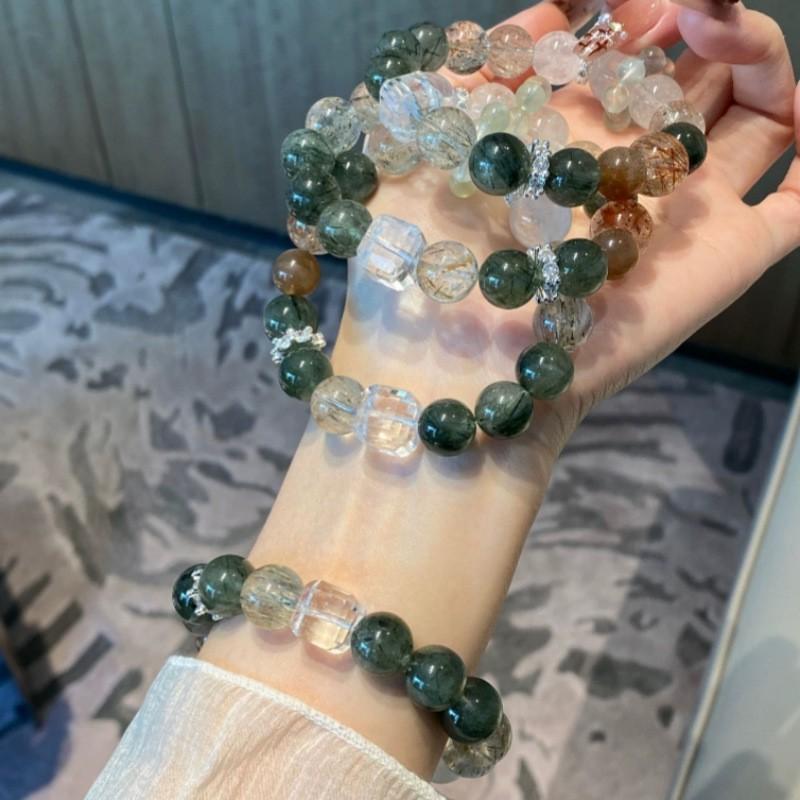 Natural Green Rutilated Quartz Prehnite Beaded Bracelet Healing Crystal Jewelry Women