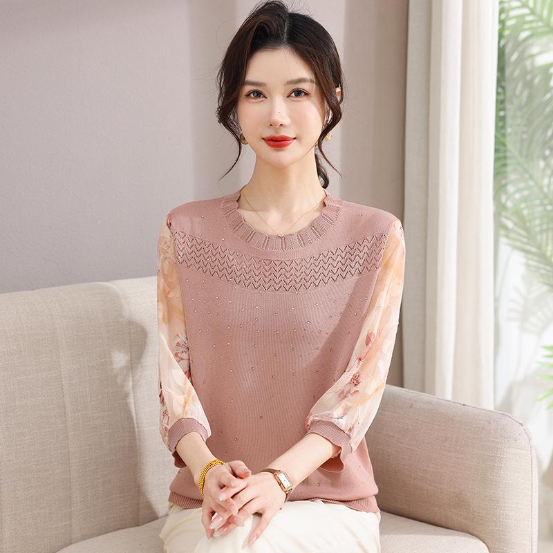 

Stylish Mid-length Knit Top for Women: Sheer Sleeves, Perfect for Spring & Autumn XL [Recommended for up to 110 lbs]