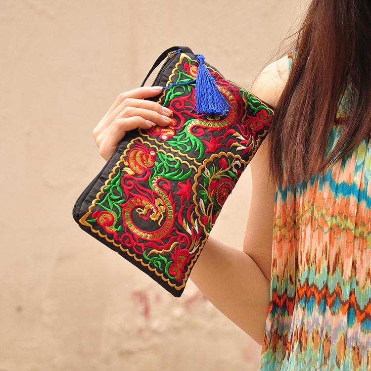 Ethnic Embroidery Satin Clutch and Wallet for Women