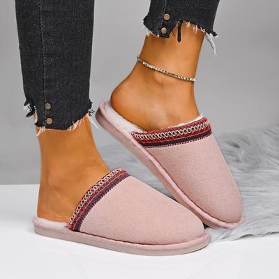 Fashion Baotou Slippers Winter New Round Toe Suede Embroidered Woollen Non-slip Wear-resistant Soft-sole Flat Shoes