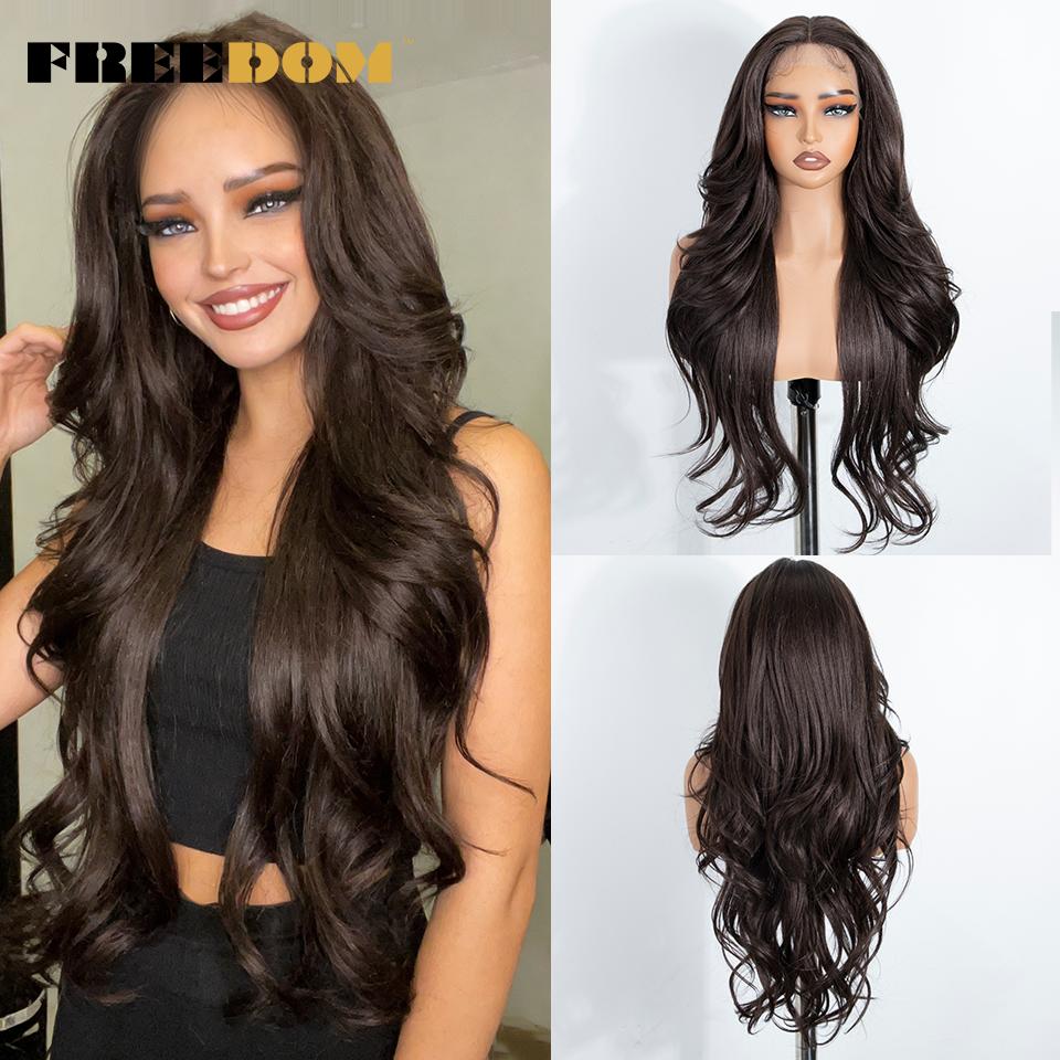 FREEDOM Synthetic Lace Front Wigs For Women 28 Inches Long Layered Wavy T Part Ombre Brown Blonde Wig With Bangs Cosplay Wigs