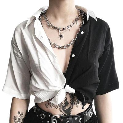 Women Patchwork Button Casual Crop Top Women's Black and White Contrast Navel Top Summer T-Shirts