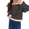 Plus Size Striped Polo Collar Half Zip Hoodie for Women - Autumn, Long Sleeve, Trendy Loose Fit
