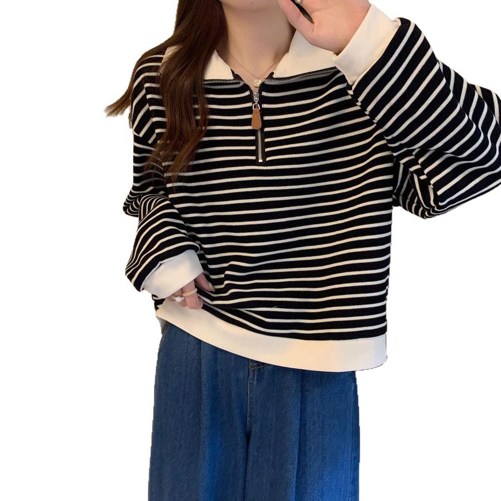 Plus Size Striped Polo Collar Half Zip Hoodie for Women - Autumn, Long Sleeve, Trendy Loose Fit