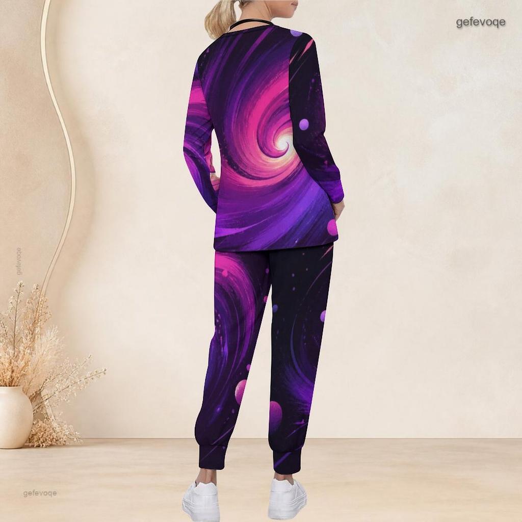 Women Plus Size V Neck Long Sleeve Scrub Set Purple Pink Cosmic Swirl Galaxy Print Nurse Uniform Set