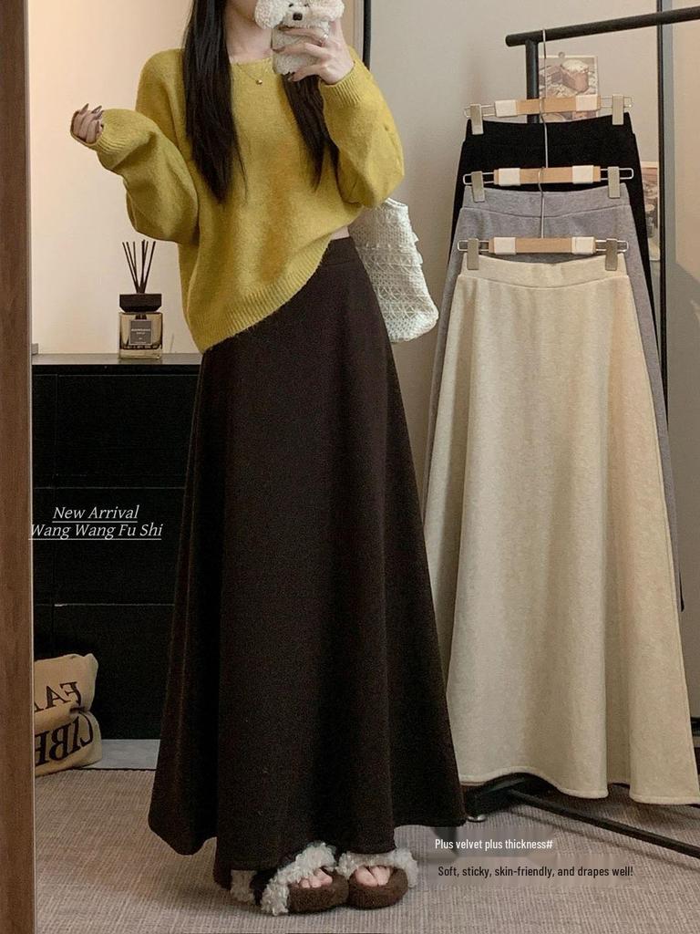 Korean Style High-Waisted Plus-Velvet Midi Skirt for Women - 2025 Autumn/Winter Elastic Waist Slimming Straight Skirt