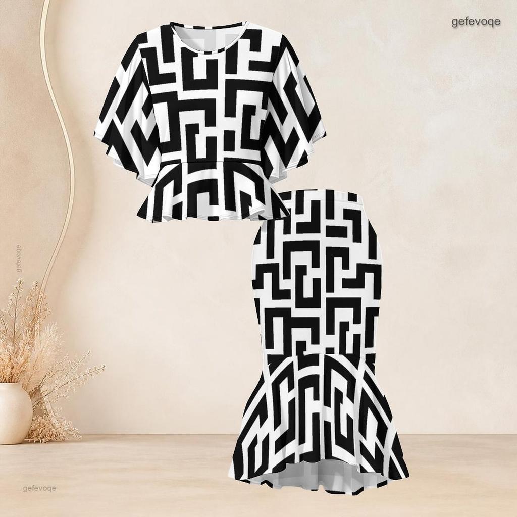 Women Plus Size Printed Round Neck Batwing Sleeve Ruffle Hem Top Fishtail Skirt Two Piece Set