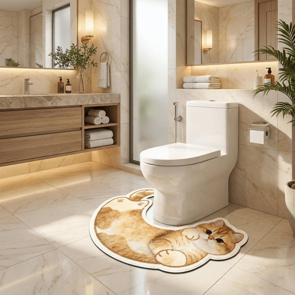 Cartoon Cat Pattern U-Shaped Bath Mat Cozy Absorbent Mat Convenient Toilet Foot Mat Home Decor