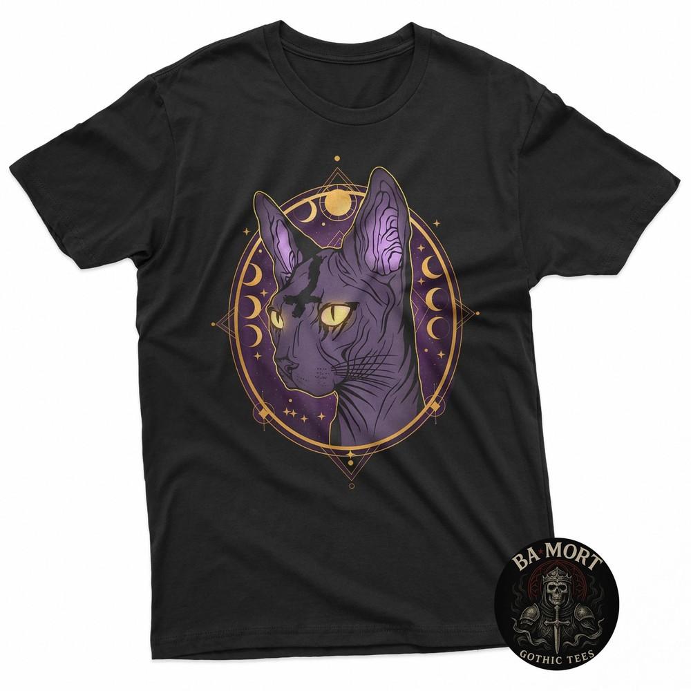 

Celestial Sphynx Cat Art Moon Phases Witchy Goth TShirt Unisex T-Shirt L