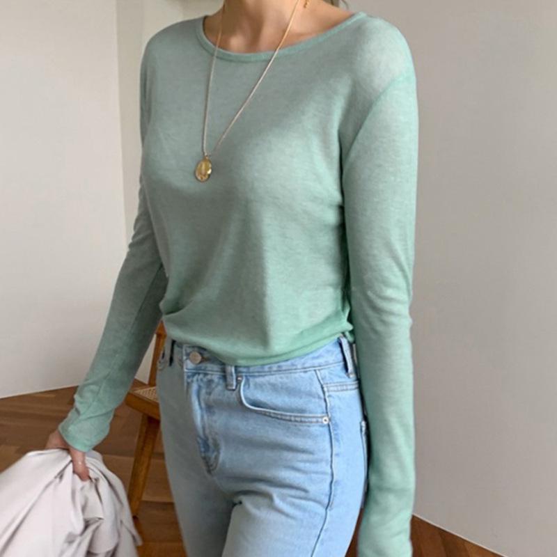 Women's Refreshing Mint Green Sheer Long-Sleeve Round Neck T-Shirt with Same-Day Shipping