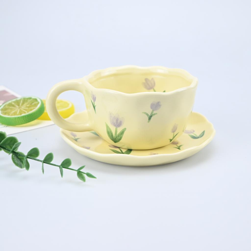 2PCS/Set High-end Coffee Cups And Saucers, High-value Ceramic Mugs, Business-style Latte Art Coffee Cups, Hand-pinched Cups
