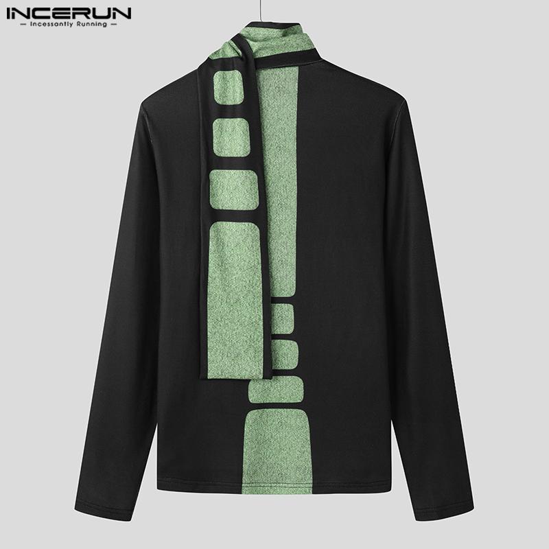 INCERUN Men High Neck Long Sleeve Scarf Pullover Casual Patchwork Tops
