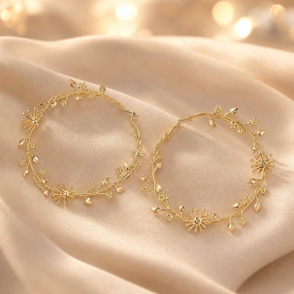 1 Pair Gold Plated Rose Flower Hoop Earring Metal Stud Hoop Earring  Women's Fashion Accessory