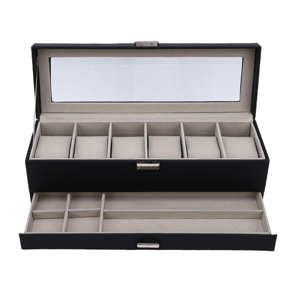 Watch Box 6 Slot Watches Display Case 2 Layer Jewelry Organizer Storage Holder Organizer Black
