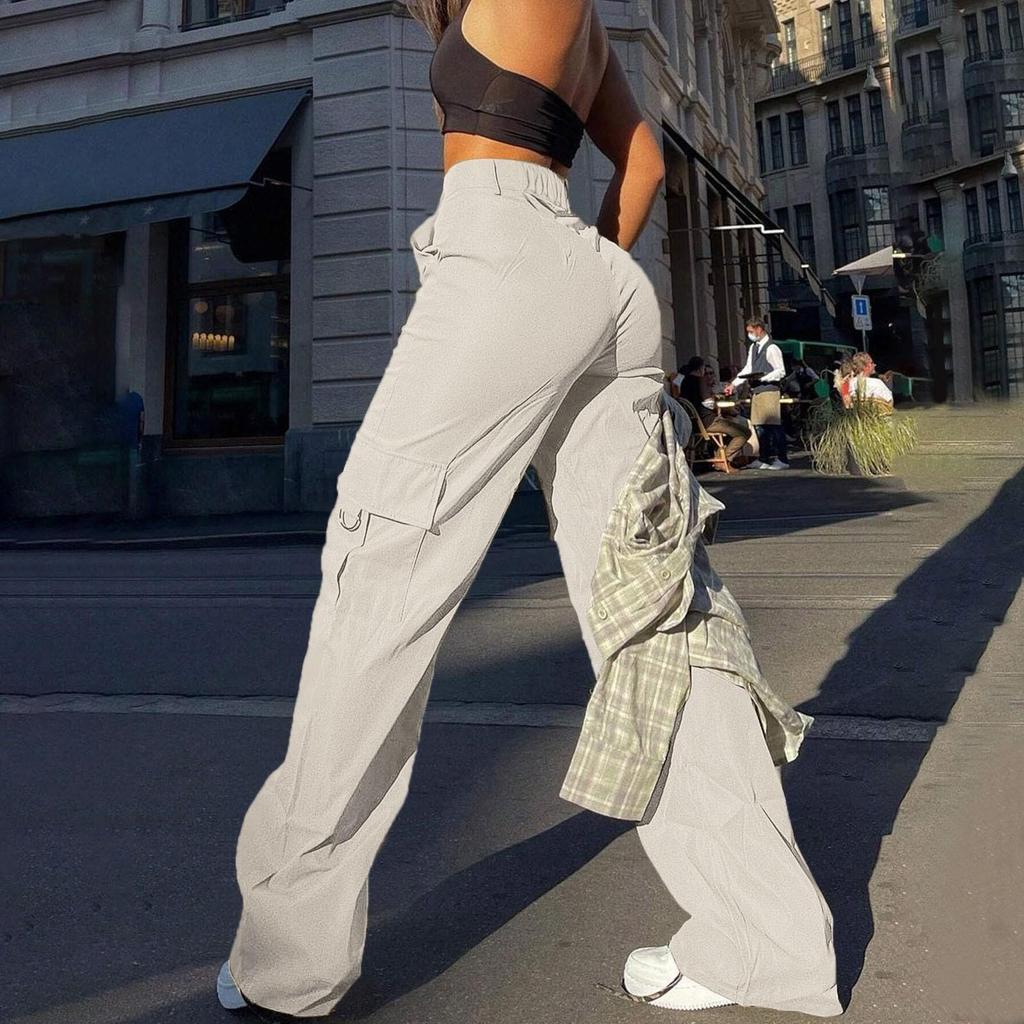 Streetwear Basic Buckle Cargo Pants Women Trousers Solid Straight Leg Big Pockets Baggy Sweatpants Chic