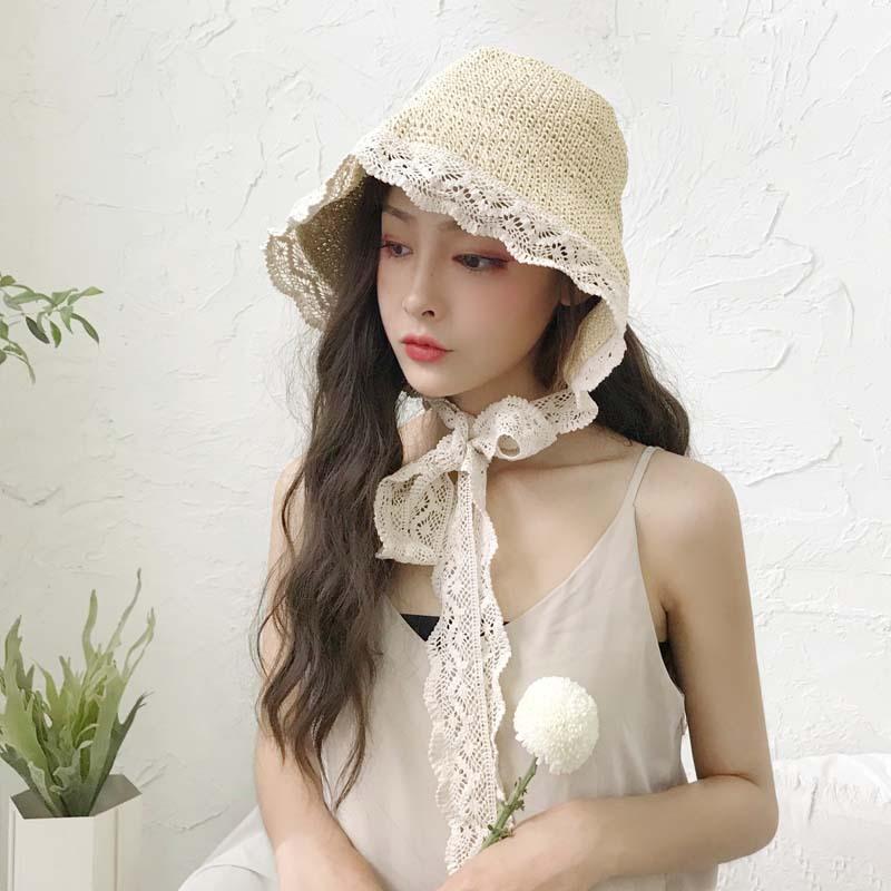 Internet Celebrity Straw Hat Female Summer Lace Strap Beach Hat Small Fresh Seaside Vacation Sun Visor Hat Strap