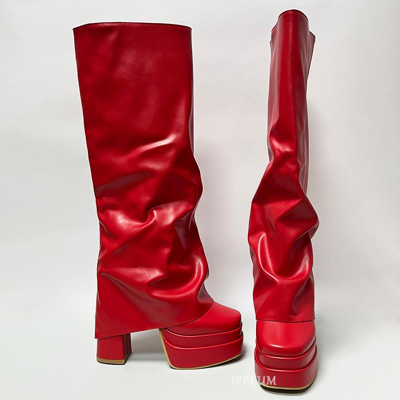 Fashion IPPEUM Fold Over Boots Women Orange Hot Pink Block Heel Knee High Plus Size 43 Platform Shoes y2k botas plataforma mujer