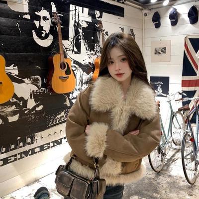 Retro Denim Jacket Imitation Fox Hair Suede Short Women's Small Thin Cotton-padded Clothes Autumn and Winter Tops