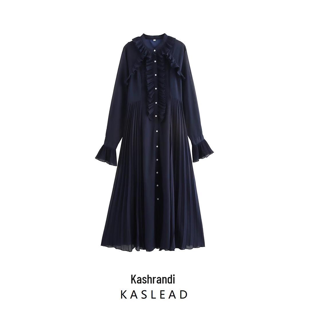 

2024 Autumn Women s Fashion: European & American Style Pleated Ruffle Dress Extra Small темно-синий