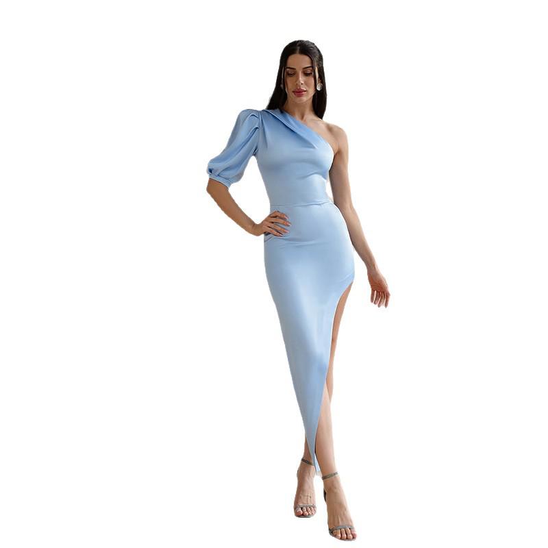 Asymmetrical Neckline Backless Slit Dress - Women's Solid Color Short Sleeve, 2025 Autumn Collection