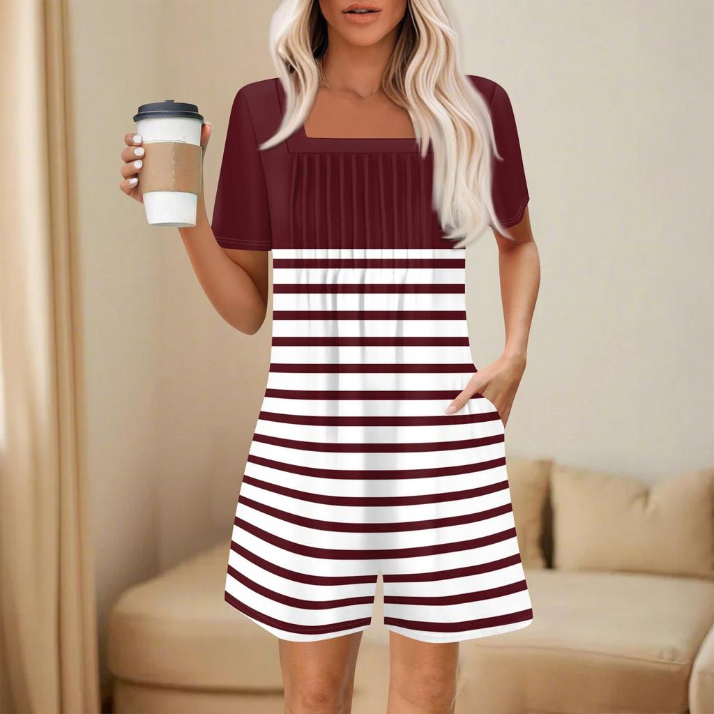 Salopetă de damă la modă și casual cu mânecă scurtă, cu buzunar plisat, salopetă scurtă imprimată