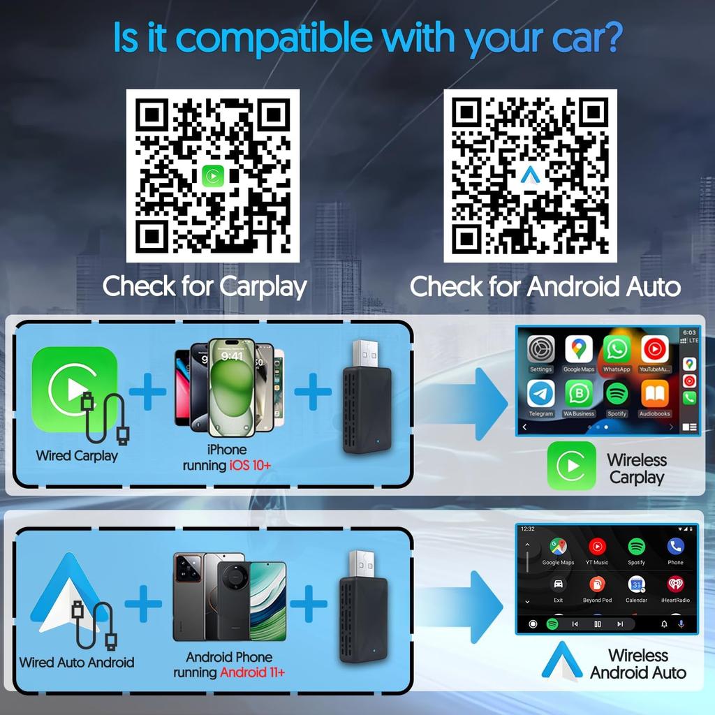 2 In 1 Wired To Wireless Carplay Adapter for IOS Android Wi-Fi 6 Bluetooth 5.4 Auto Smart USB Dongle Plug and Play Carplay Wireless Adapter