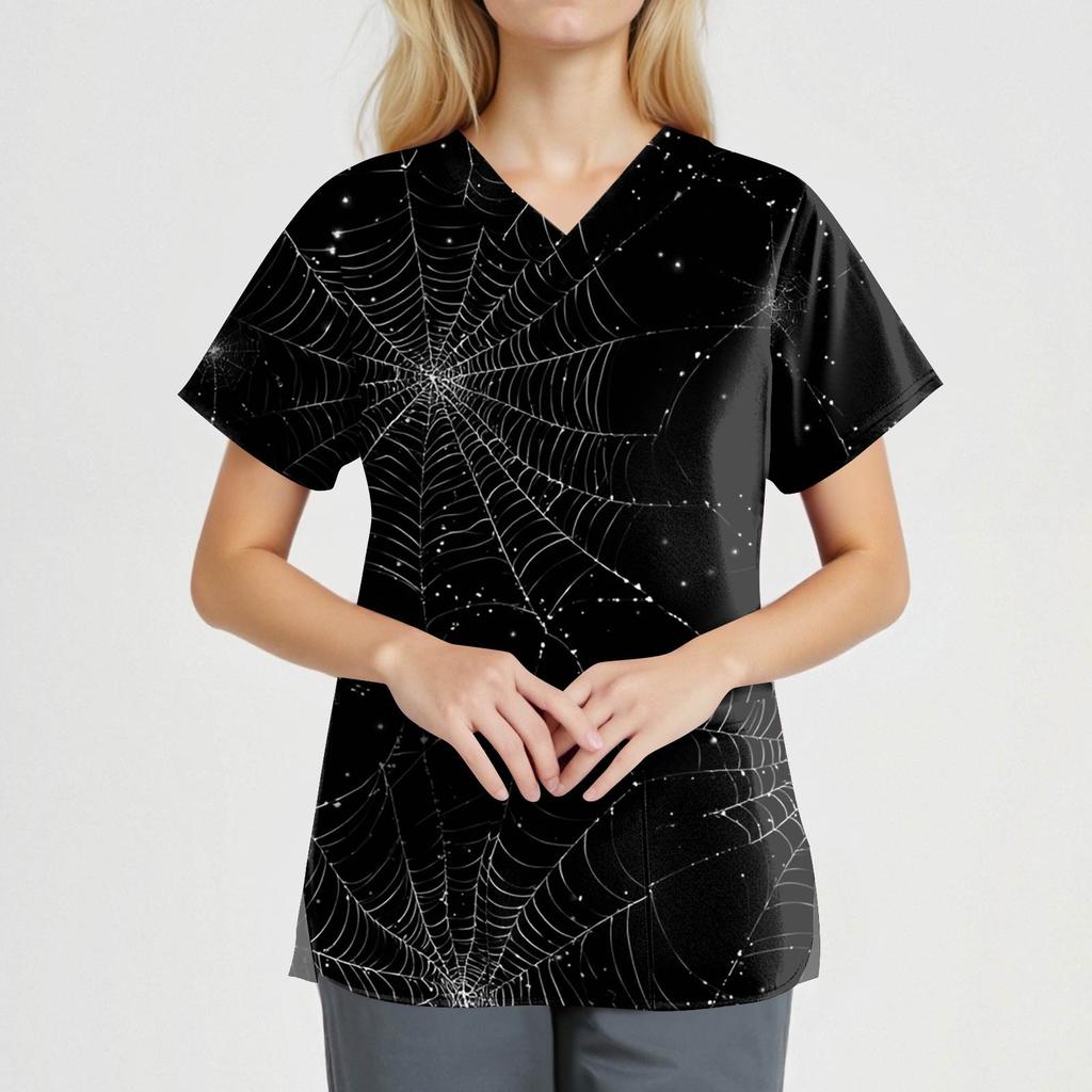 Women's Fashion V-Neck Short Sleeve Overalls With Pockets Halloween Printed Tops  Apparel