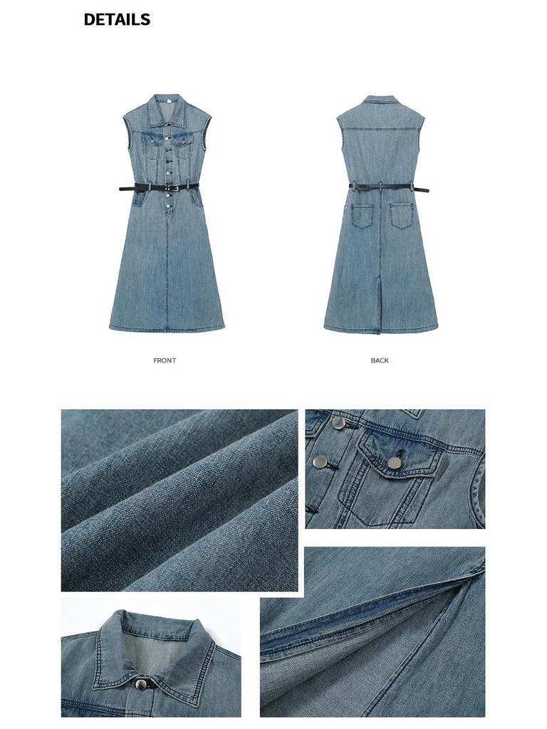 2026 Spring/Summer Women's Retro Sleeveless Denim Dress with Belt